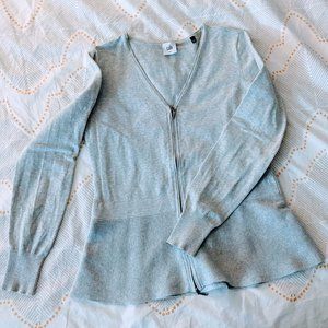 CAbi Gray Knit Zip-up Cardigan with V-neck and Peplum